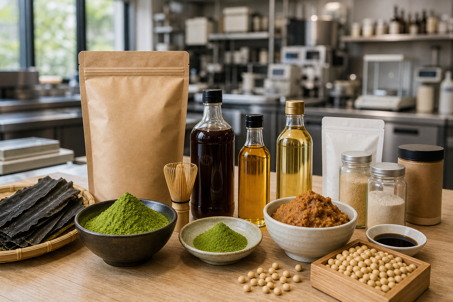 ブランド表示のない抹茶、調味料、麺類などの業務用食品